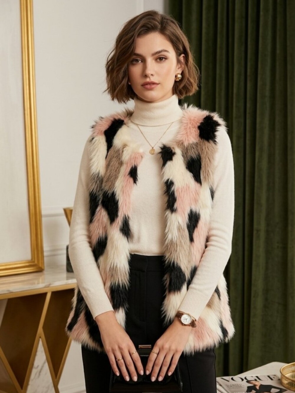 Say What? Junior's Faux Fur Vest Brown,pink, White, Black M